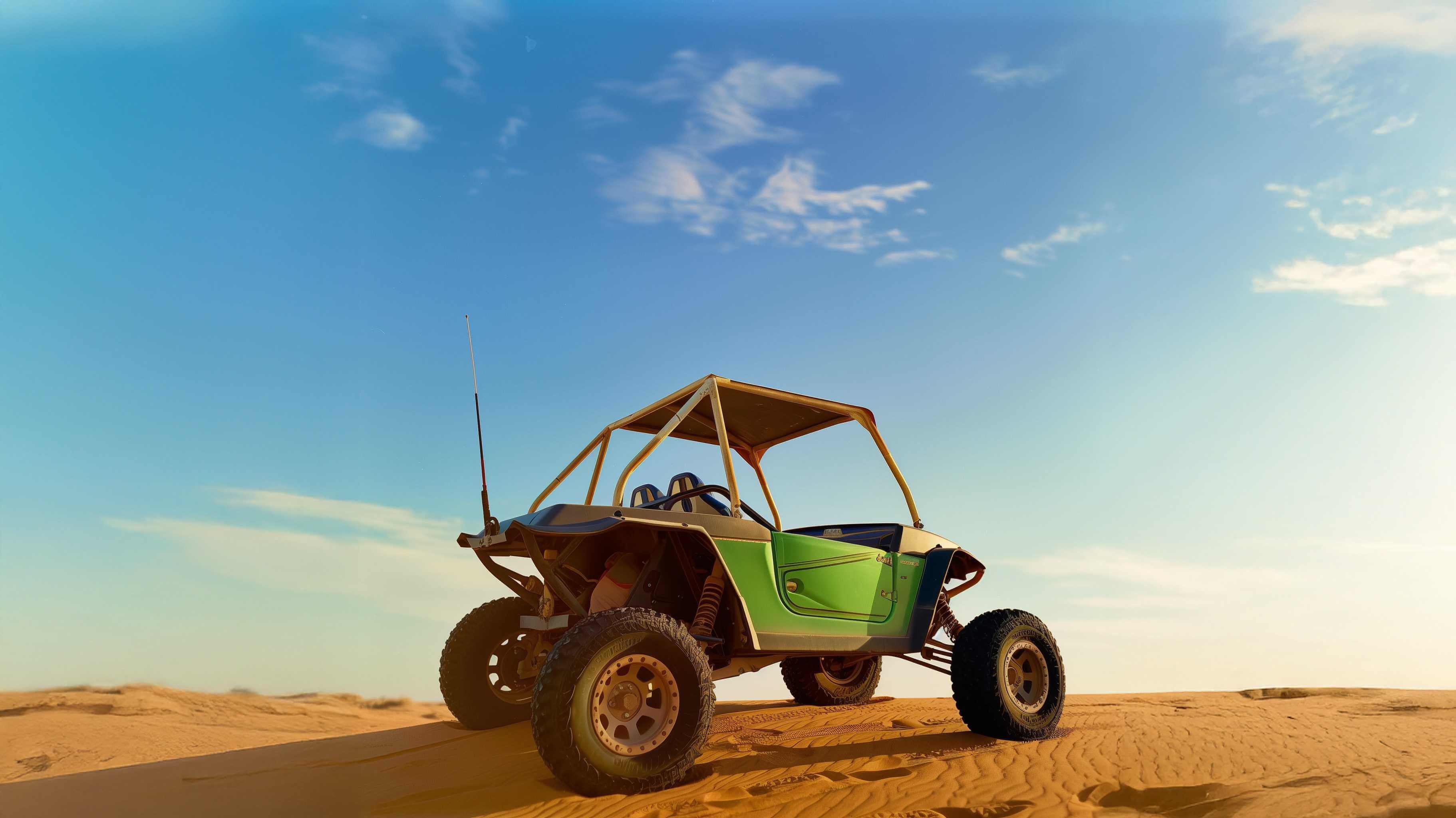 Imagem de um buggy em uma paisagem desértica sob um céu azul, ideal para aventura e exploração.