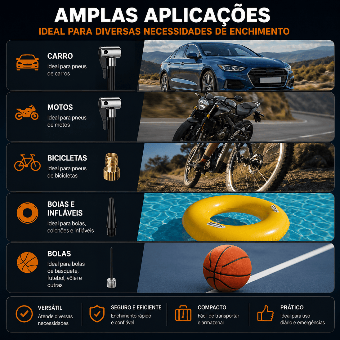 Compressor Portátil Com Bateria: 150 PSI e Praticidade - Ampla aplicação para carros, motos, bicicletas e infláveis.