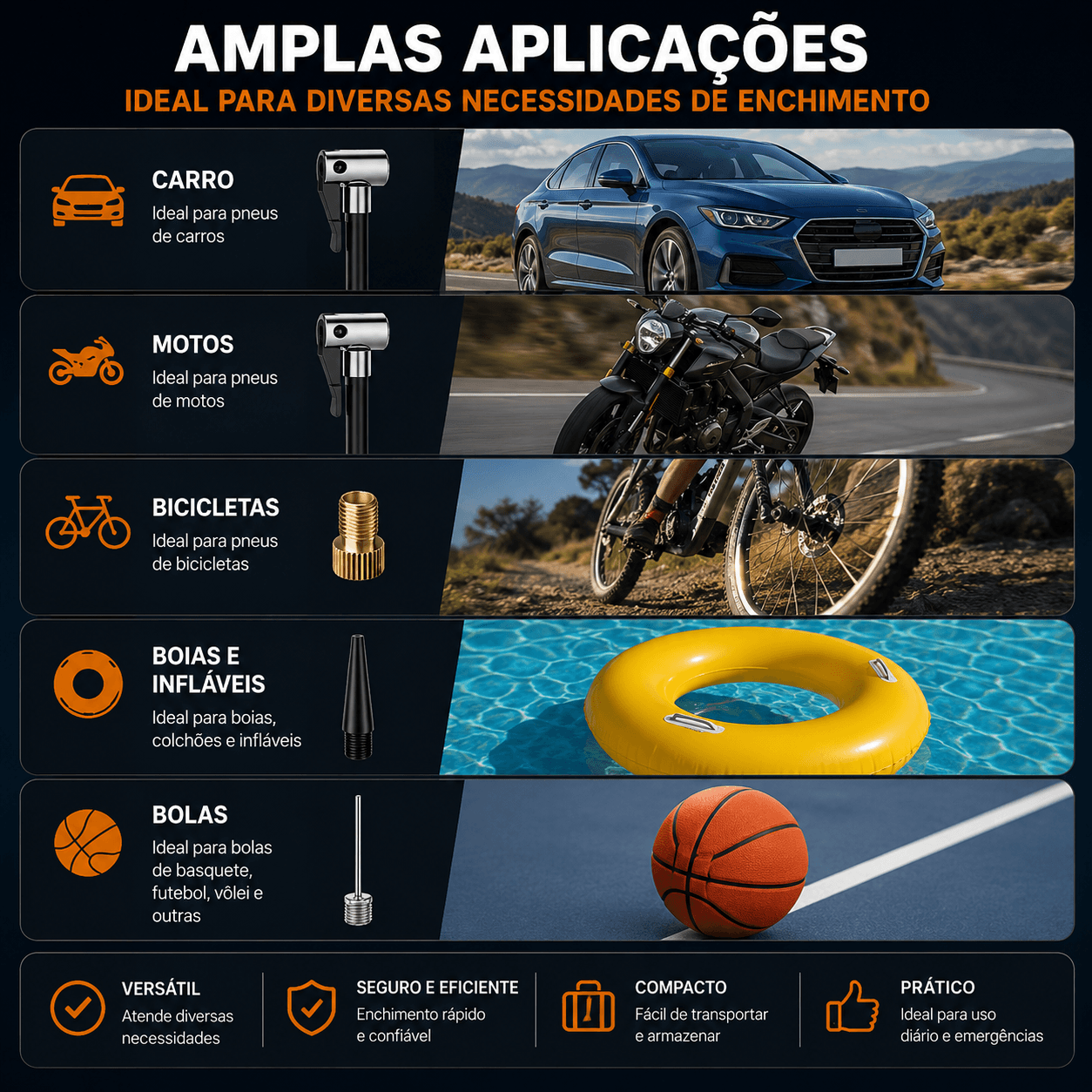 Compressor Portátil Com Bateria: 150 PSI e Praticidade - Ampla aplicação para carros, motos, bicicletas e infláveis.