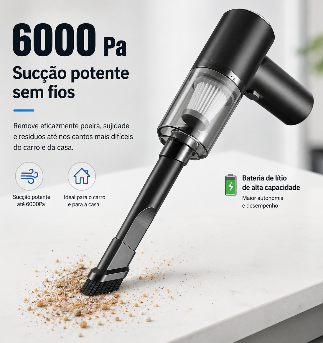 Aspirador portátil para carro com 6000Pa de potência e design sem fios, ideal para limpeza eficaz de interiores.