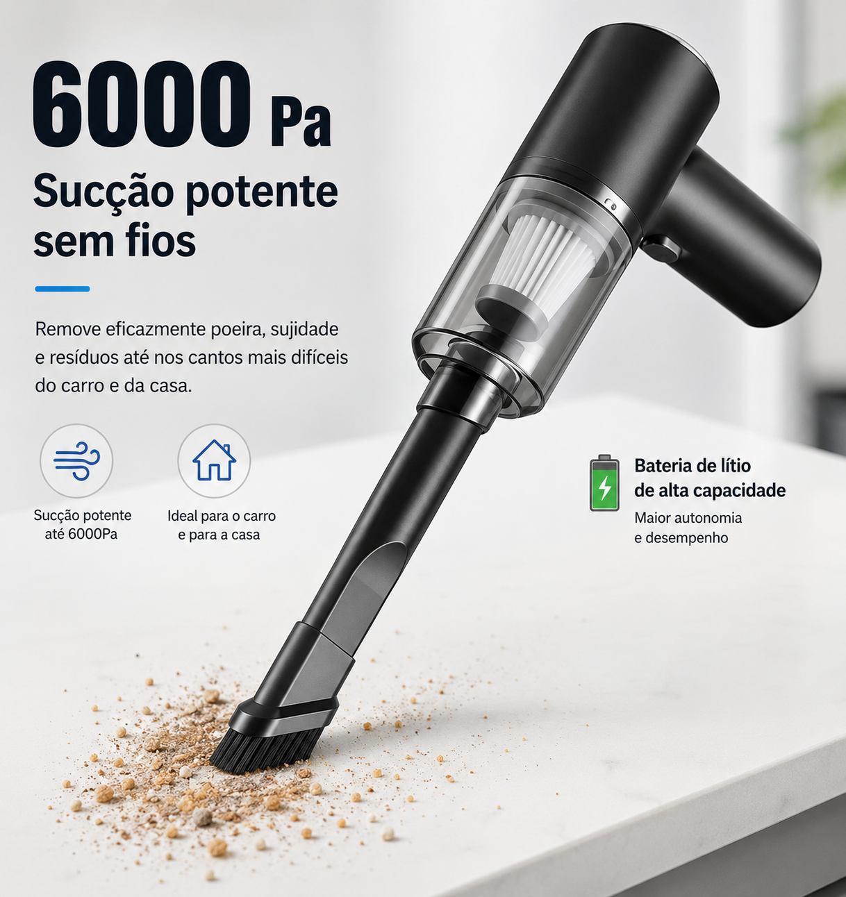 Aspirador portátil para carro com 6000Pa de potência e design sem fios, ideal para limpeza eficaz de interiores.