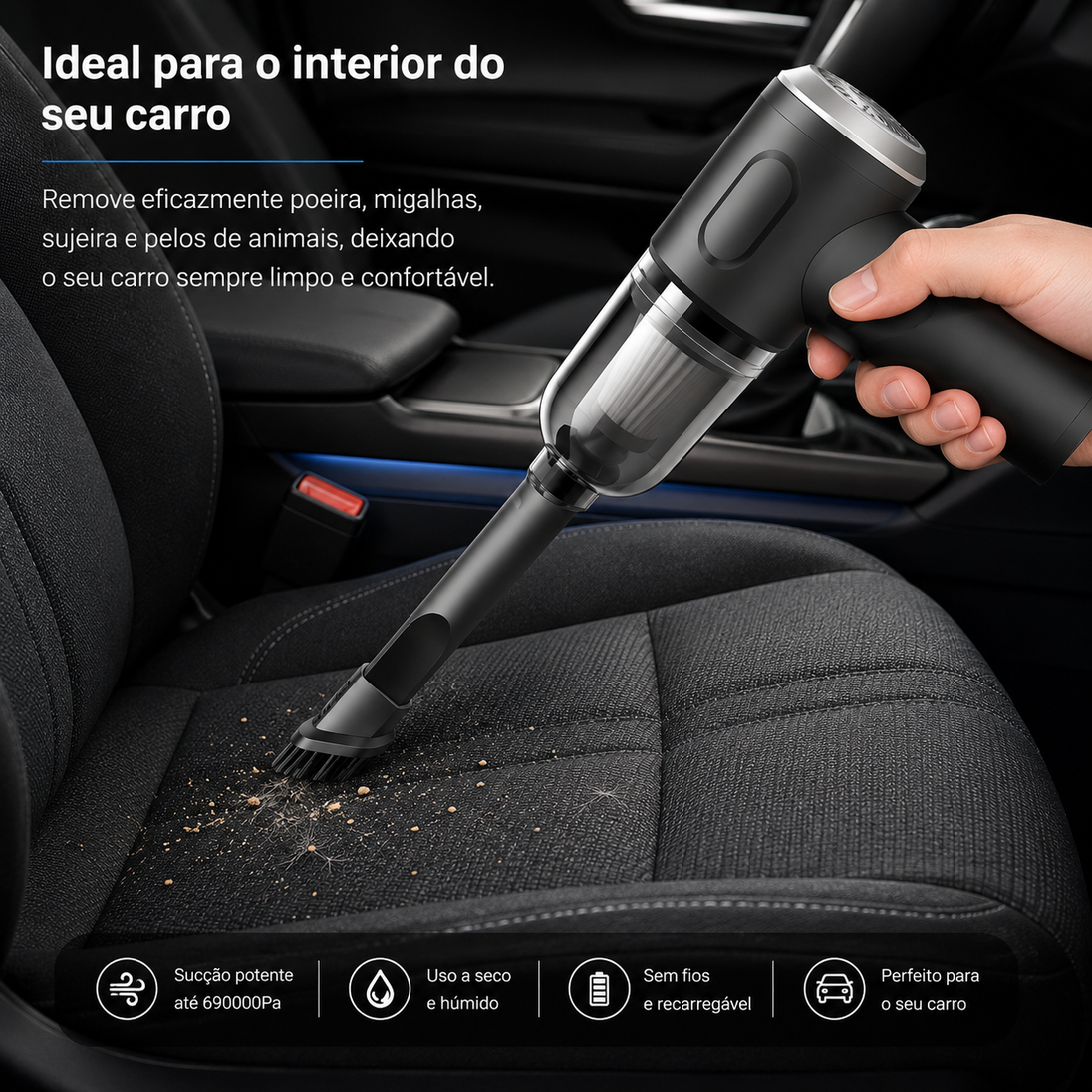 Aspirador portátil para carro em ação, removendo poeira e sujeira do assento do veículo.