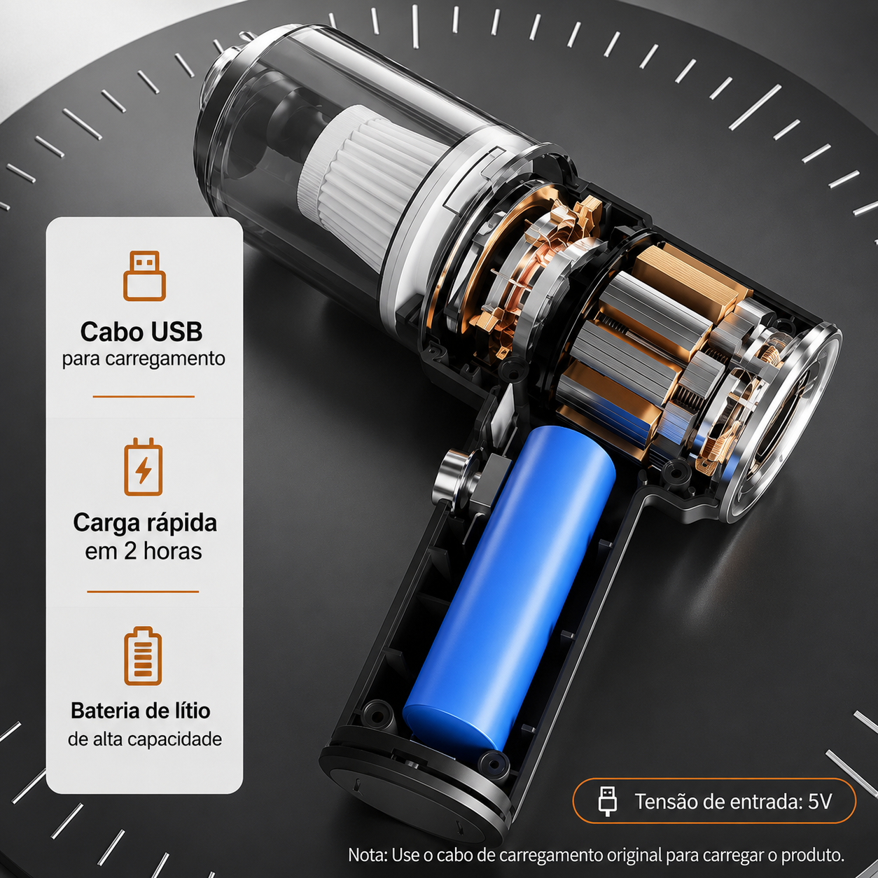 Aspirador portátil para carro com cabo USB, bateria de lítio e design de alta potência para limpeza eficiente.