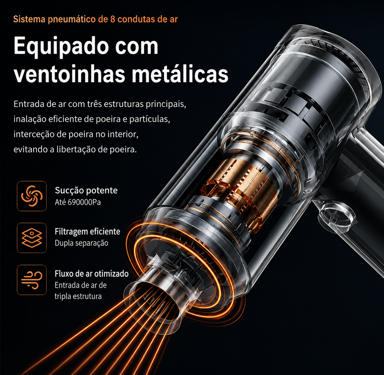 Aspirador portátil para carro com sistema pneumático e ventoinhas metálicas para limpeza eficaz e rápida.