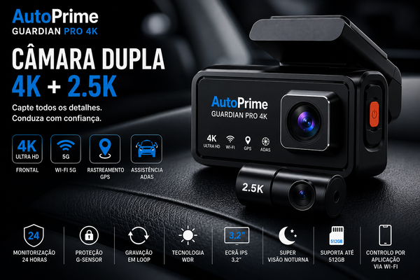AutoPrime Guardian Pro 4K GPS auto GPS tracker com câmara dupla 4K e 2.5K mostrando gravação em alta definição.