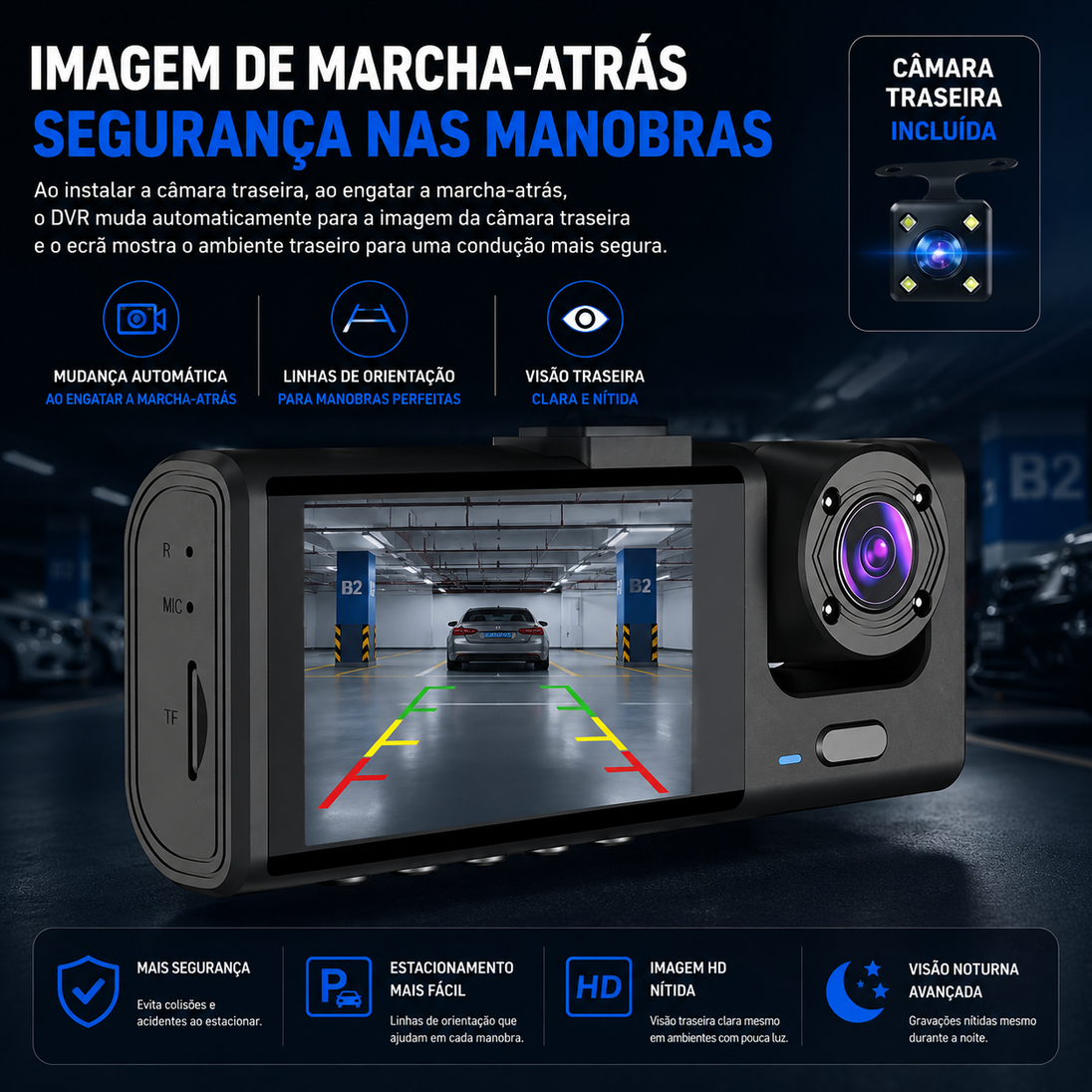 Câmara de tablier Full HD 1080P com imagem de marcha-atras, visão traseira clara e funções de segurança.