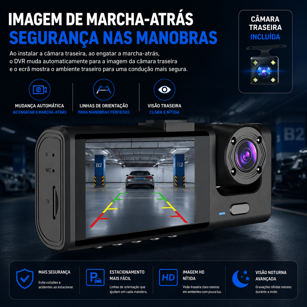Câmara de tablier Full HD 1080P com imagem de marcha-atras, visão traseira clara e funções de segurança.
