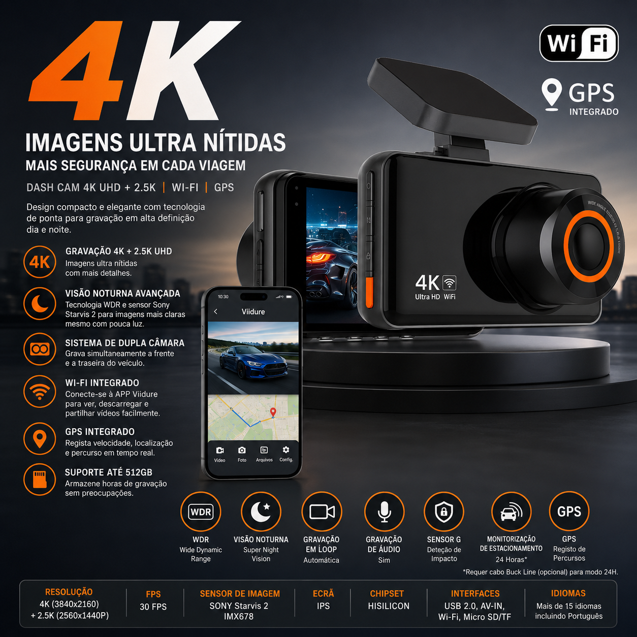 Câmera de ação 4K com gravação UHD 4K + 2.5K, GPS e Wi-Fi, ideal para segurança em viagens.