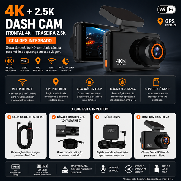 Câmera de ação 4K com gravação UHD 4K + 2.5K, GPS e Wi-Fi para segurança em viagens.