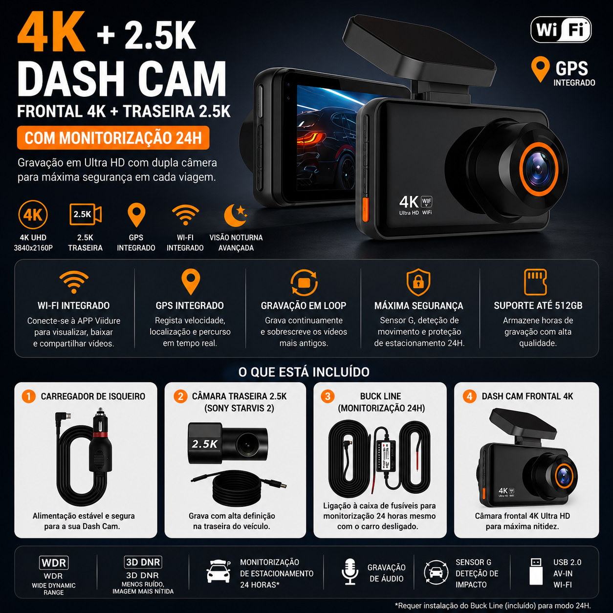 Câmera de ação 4K com gravação UHD 4K + 2.5K, GPS e Wi-Fi, ideal para monitorizar a condução 24h.