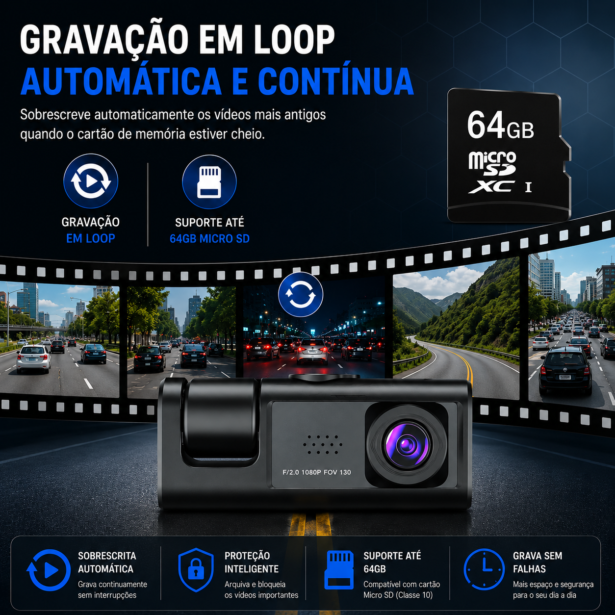Câmara de tablier Full HD 1080P com gravação em loop automática e suporte para cartão micro SD até 64GB.