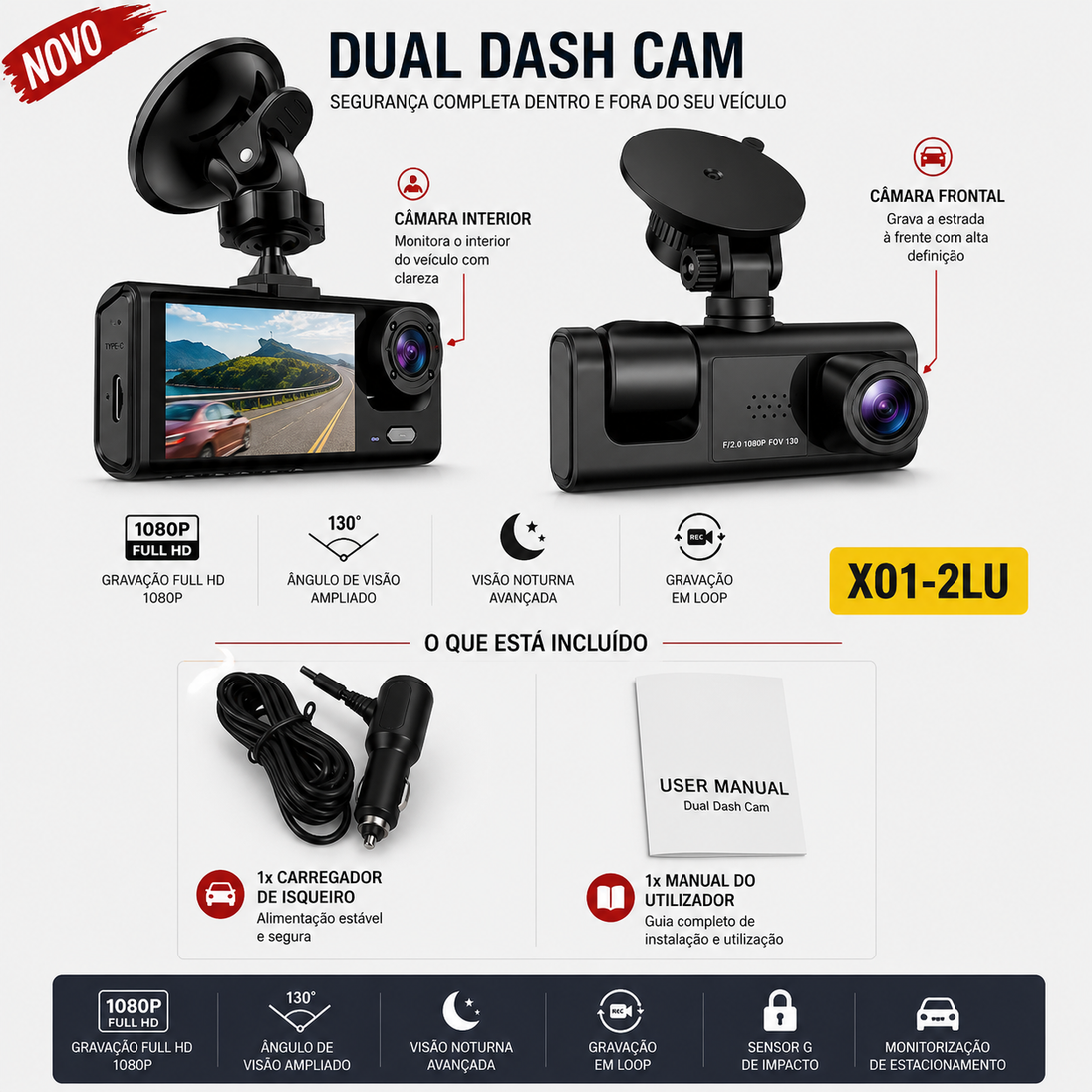 Câmara Dash Cam 1080P HD com Wi-Fi, segurança dentro e fora do veículo, visor de dupla lente.