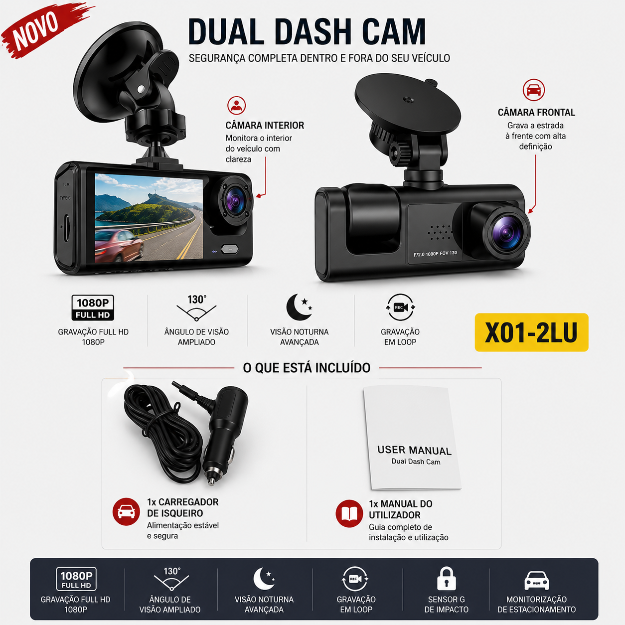 Câmara Dash Cam 1080P HD com Wi-Fi, segurança dentro e fora do veículo, visor de dupla lente.