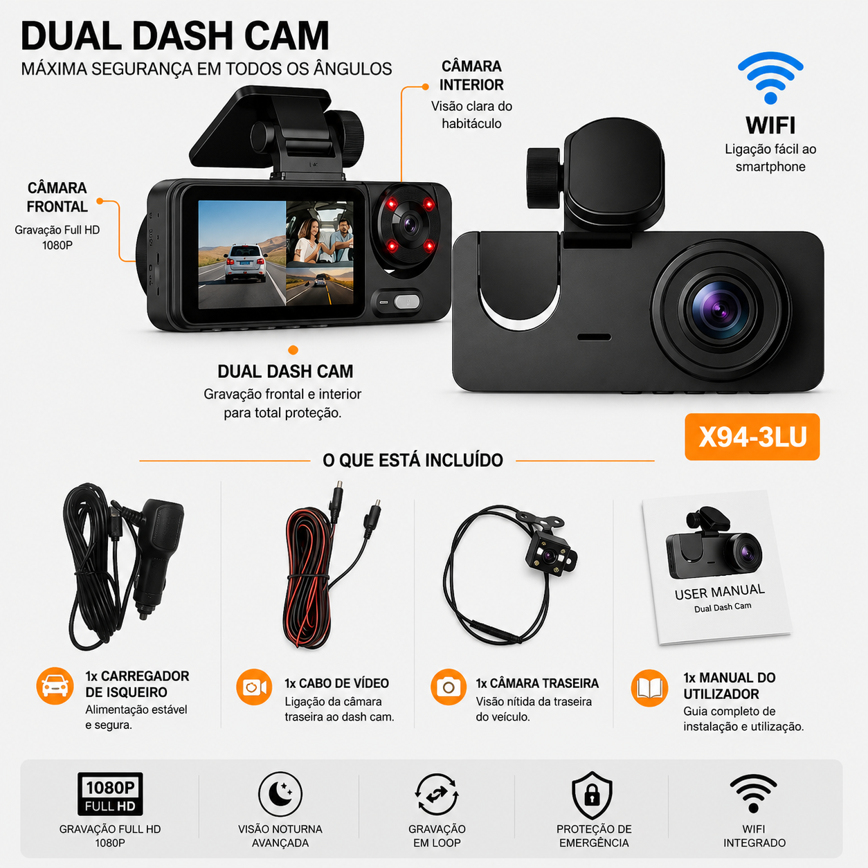 Câmara dash cam 1080P com sistema de 3 câmaras e Wi-Fi para segurança total no veículo.