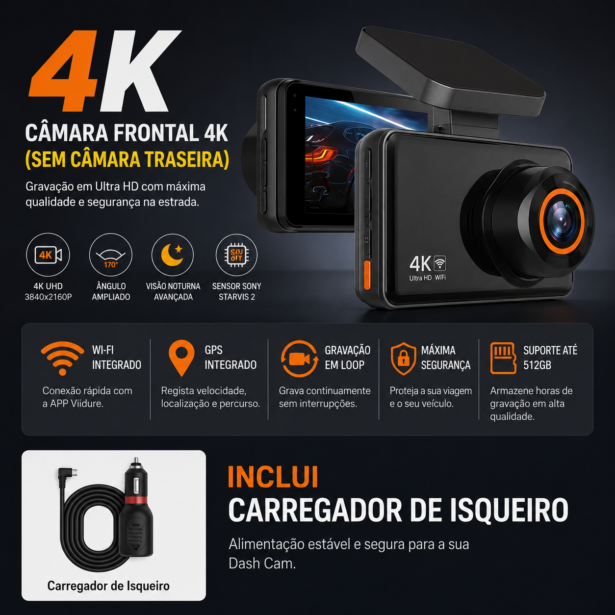 Câmera de ação 4K com gravação UHD, GPS e Wi-Fi, perfeita para registro de segurança na estrada.
