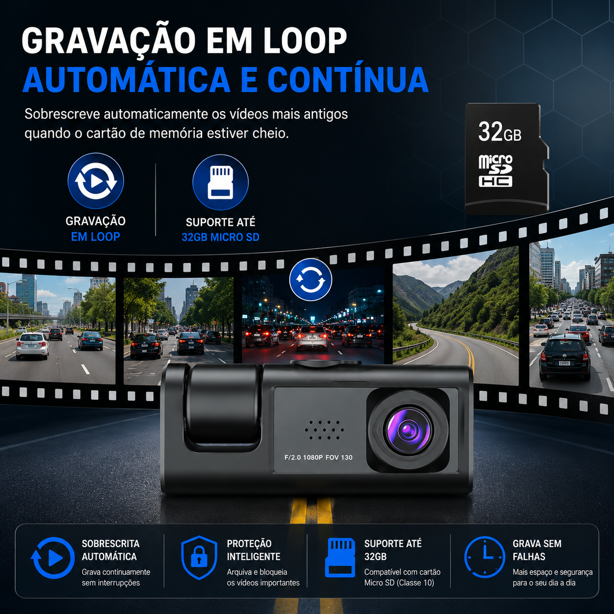 Câmara de Tablier Full HD 1080P com 3 câmaras, gravação em loop e visão nocturna por infravermelhos.