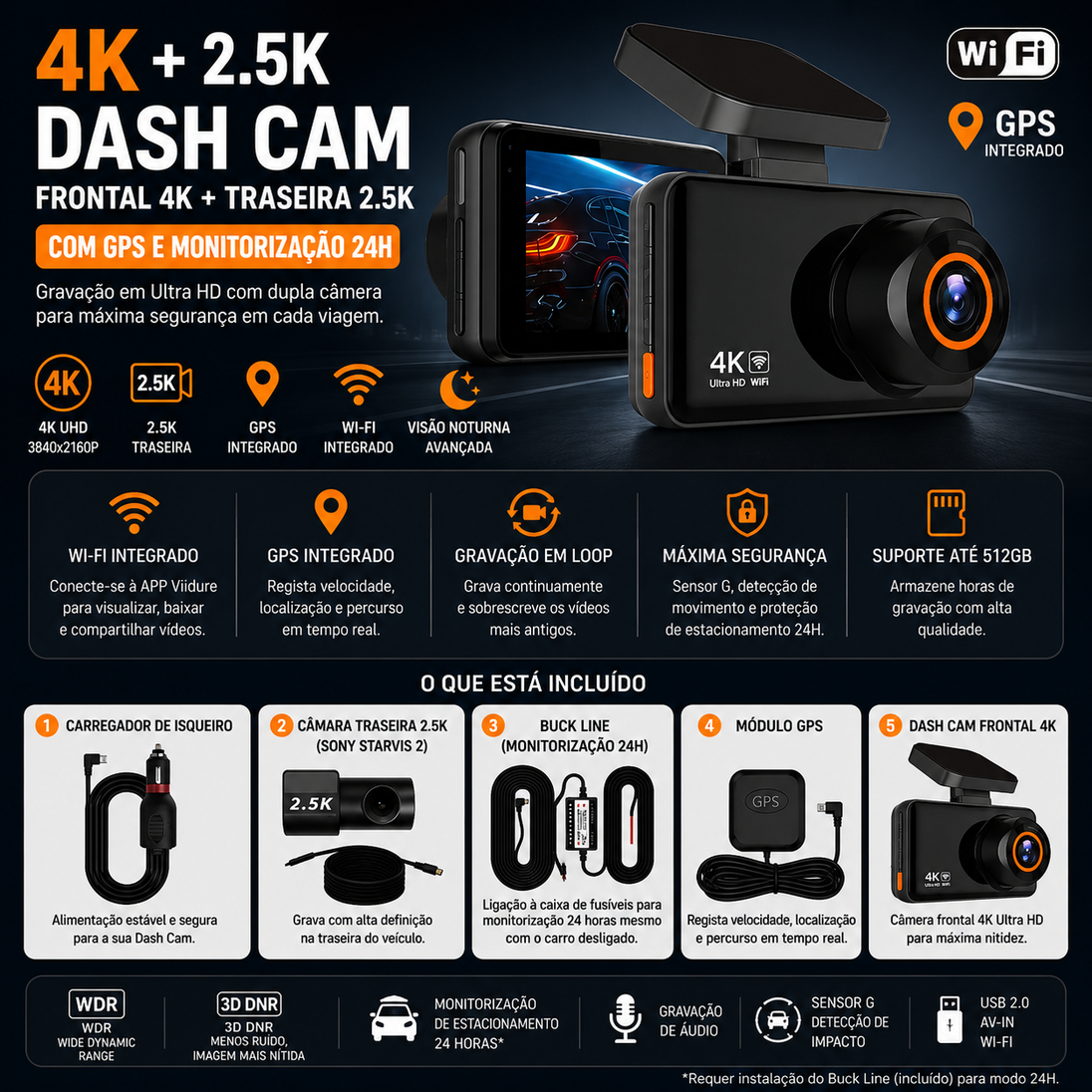 Câmera de ação 4K com gravação UHD 4K + 2.5K, GPS e Wi-Fi, ideal para máxima segurança em viagens.
