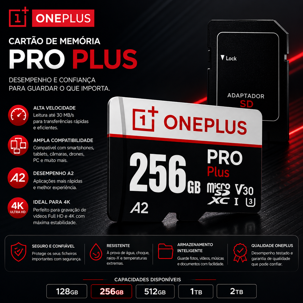 Cartão de memória de alta velocidade OnePlus PRO Plus 256GB com especificações de desempenho e adaptador SD.