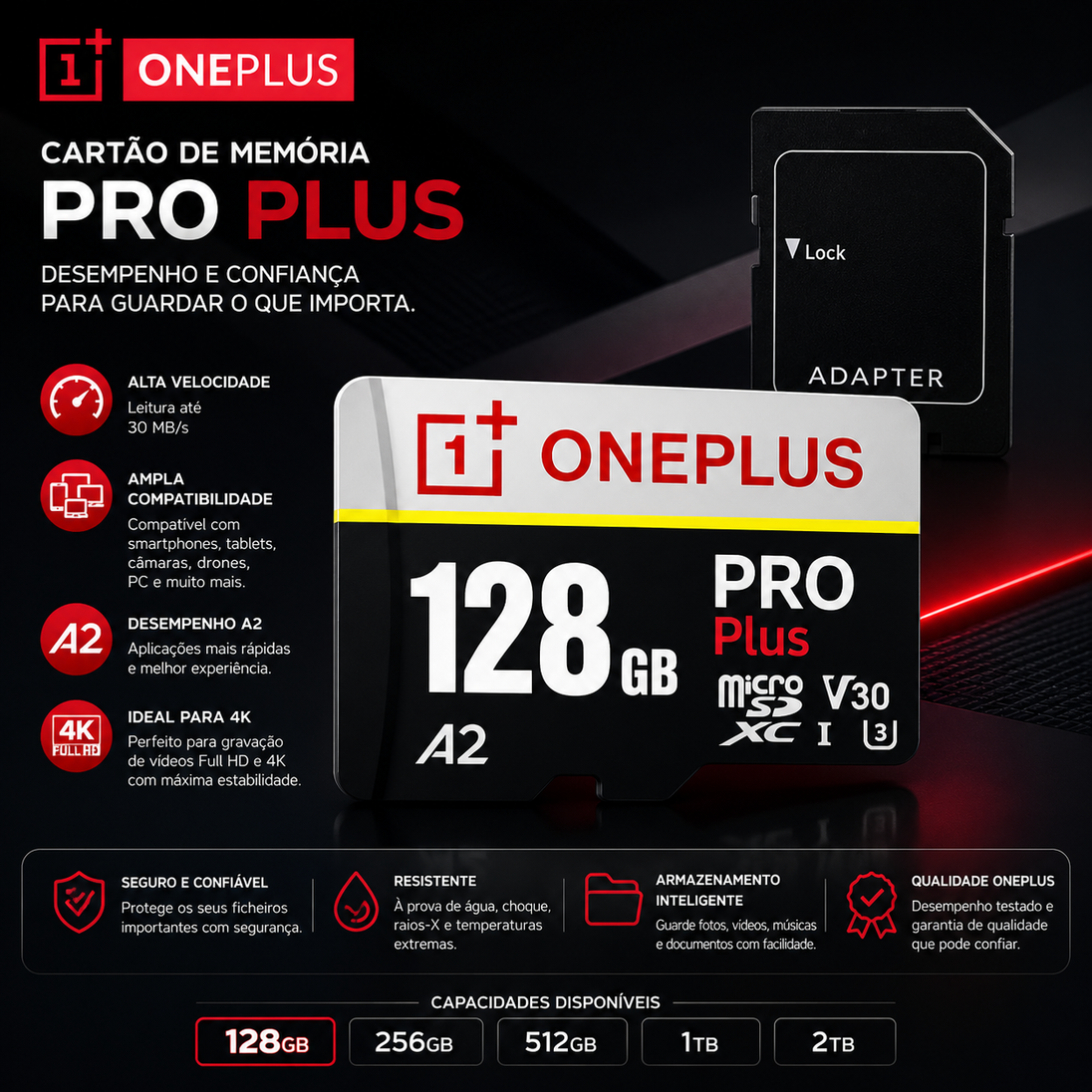 Cartão de memória de alta velocidade OnePlus 128GB Pro Plus com adaptador, desempenho e confiança para armazenamento.