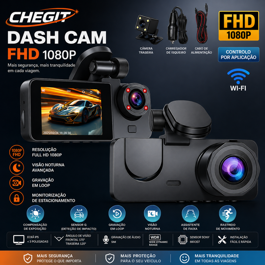 Câmara Dash Cam 1080P HD com Wi-Fi, monitorização em viagem e suporte com ventosa.