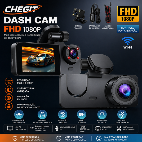 Câmara Dash Cam 1080P HD com Wi-Fi, monitorização em viagem e suporte com ventosa.