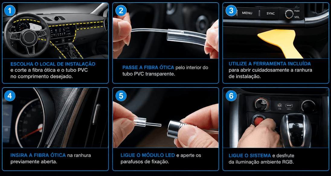 Instalação da Iluminação Interior Automóvel: Fita LED Neon RGB Controlo App passo a passo com fibra ótica e módulo LED.