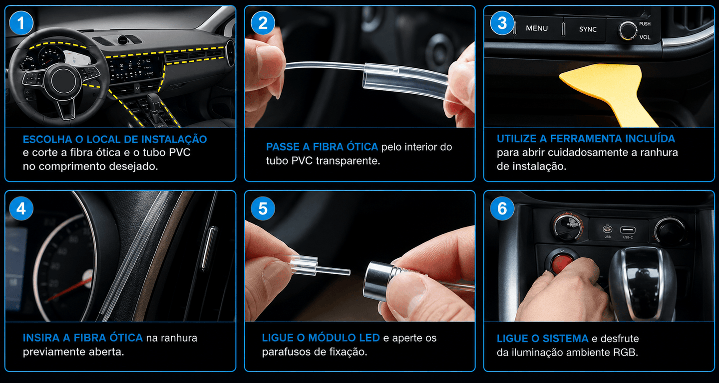 Instalação da Iluminação Interior Automóvel: Fita LED Neon RGB Controlo App passo a passo com fibra ótica e módulo LED.