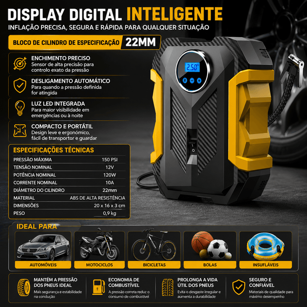 Compressor Portátil de Ar CARSUN 150 PSI - Alta Performance com display digital inteligente e especificações técnicas.