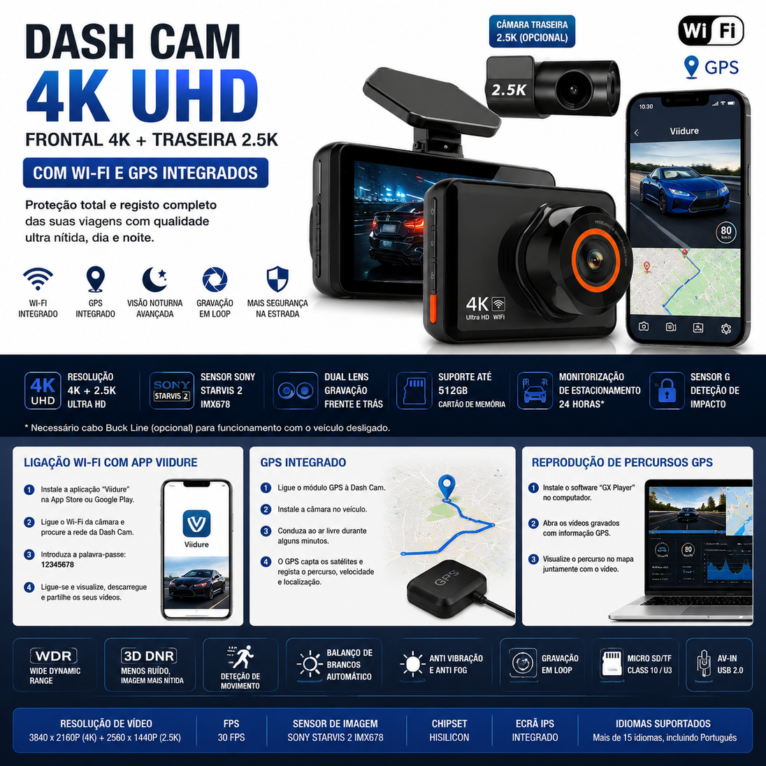 Imagem de câmera de ação 4K com gravação frontal em 4K e traseira em 2.5K, Wi-Fi e GPS integrados.