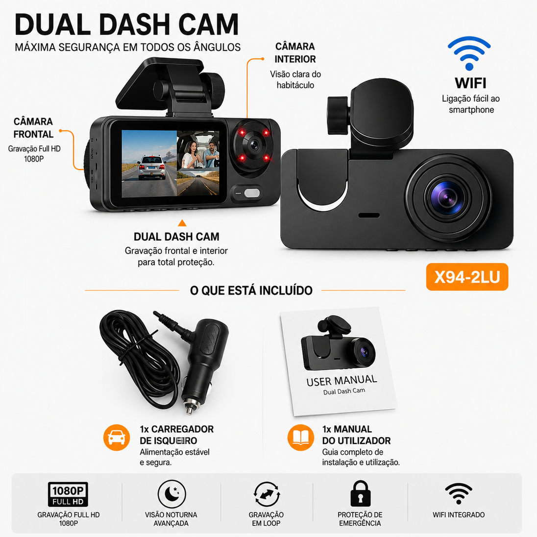 Câmara Dash Cam 1080P HD com Wi-Fi, gravação frontal e interior para segurança melhorada.