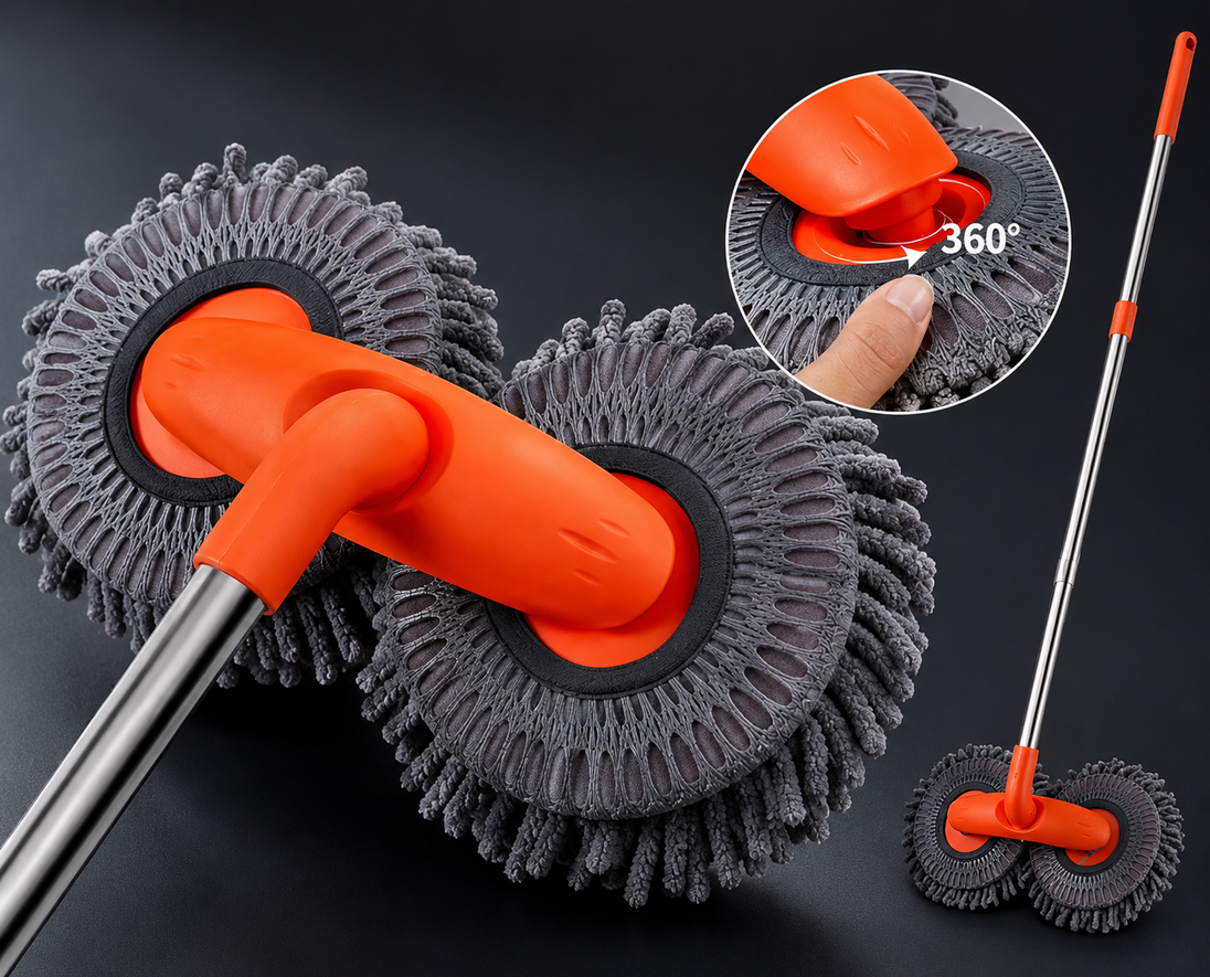Escova rotativa para lavagem de carro com microfibra 360° e cabo extensível para limpeza eficiente.