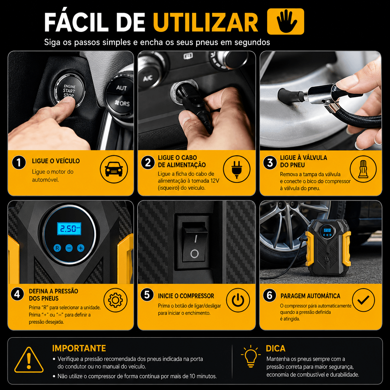Instruções de uso para o Compressor Portátil de Ar CARSUN 150 PSI - Alta Performance, fácil e rápido para encher pneus.