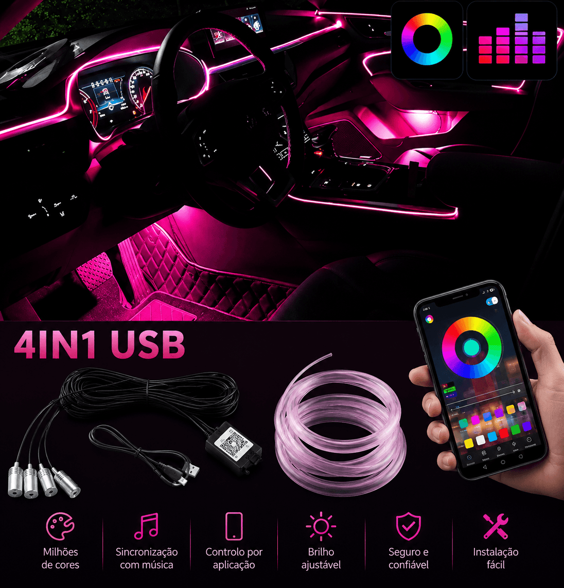 Iluminação Interior Automóvel: Fita LED Neon RGB Controlo App com smartphone e iluminação vibrante.
