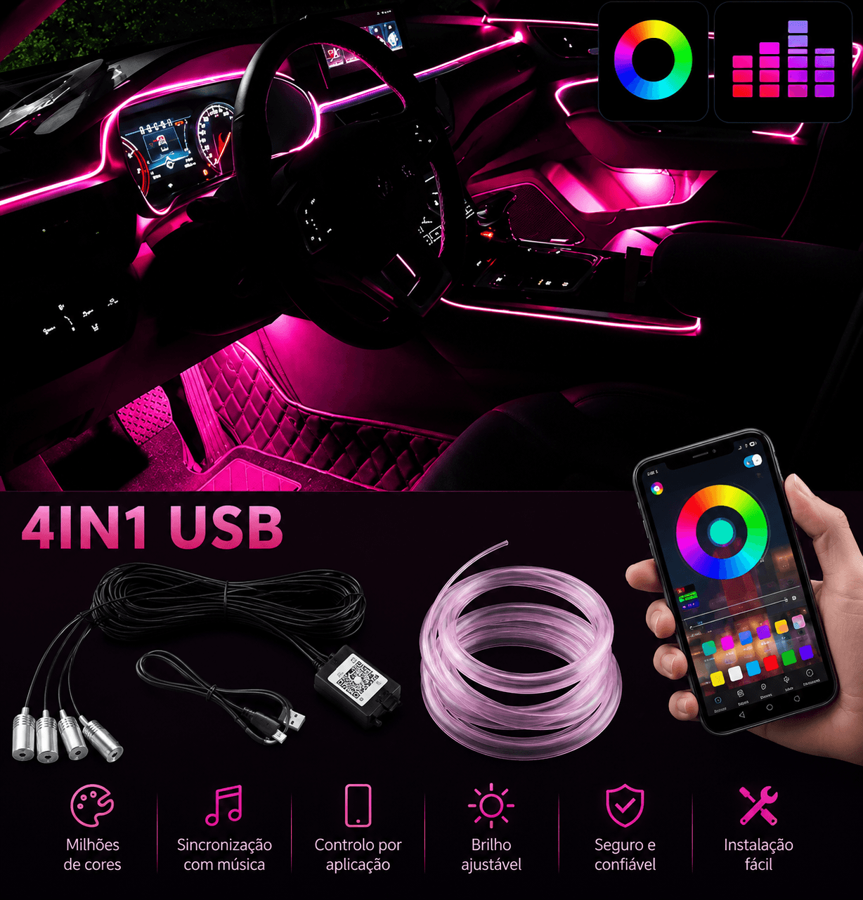Iluminação Interior Automóvel: Fita LED Neon RGB Controlo App com smartphone e iluminação vibrante.