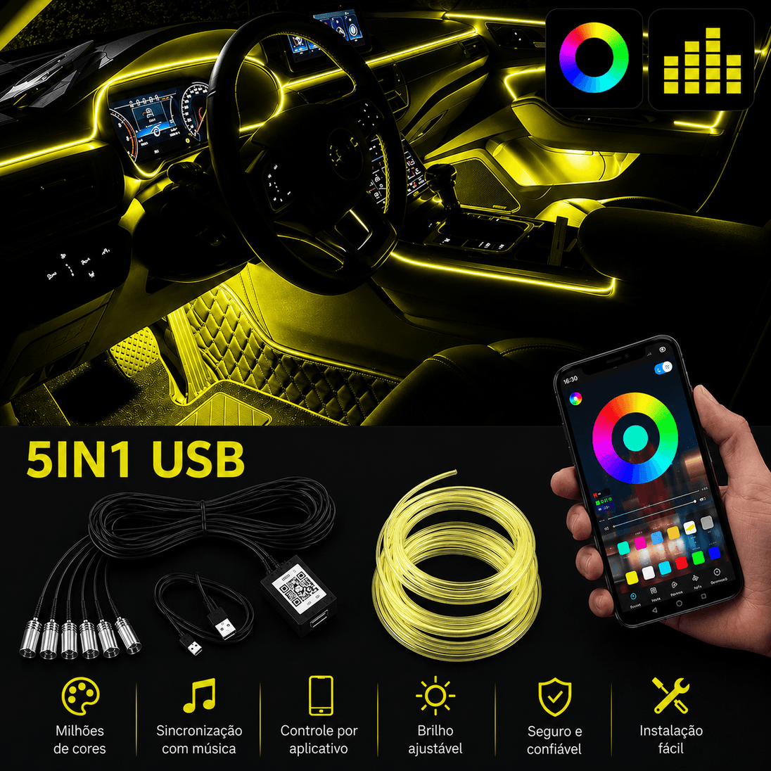 Iluminação Interior Automóvel: Fita LED Neon RGB Controlo App com controle por aplicativo e milhões de cores.