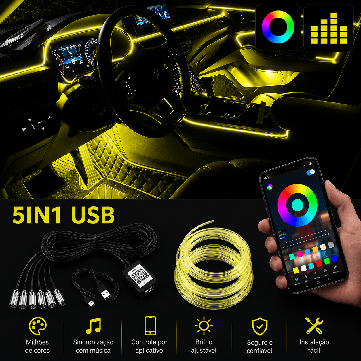 Iluminação Interior Automóvel: Fita LED Neon RGB Controlo App com controle por aplicativo e milhões de cores.