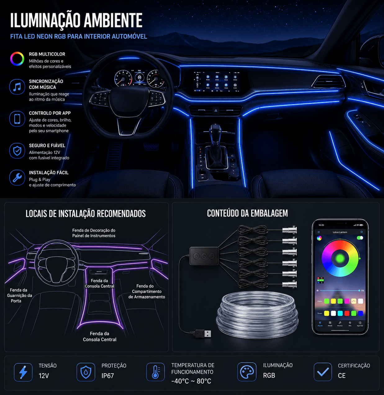 Iluminação Interior Automóvel: Fita LED Neon RGB Controlo App com painel moderno e aplicativo para controle de cores.