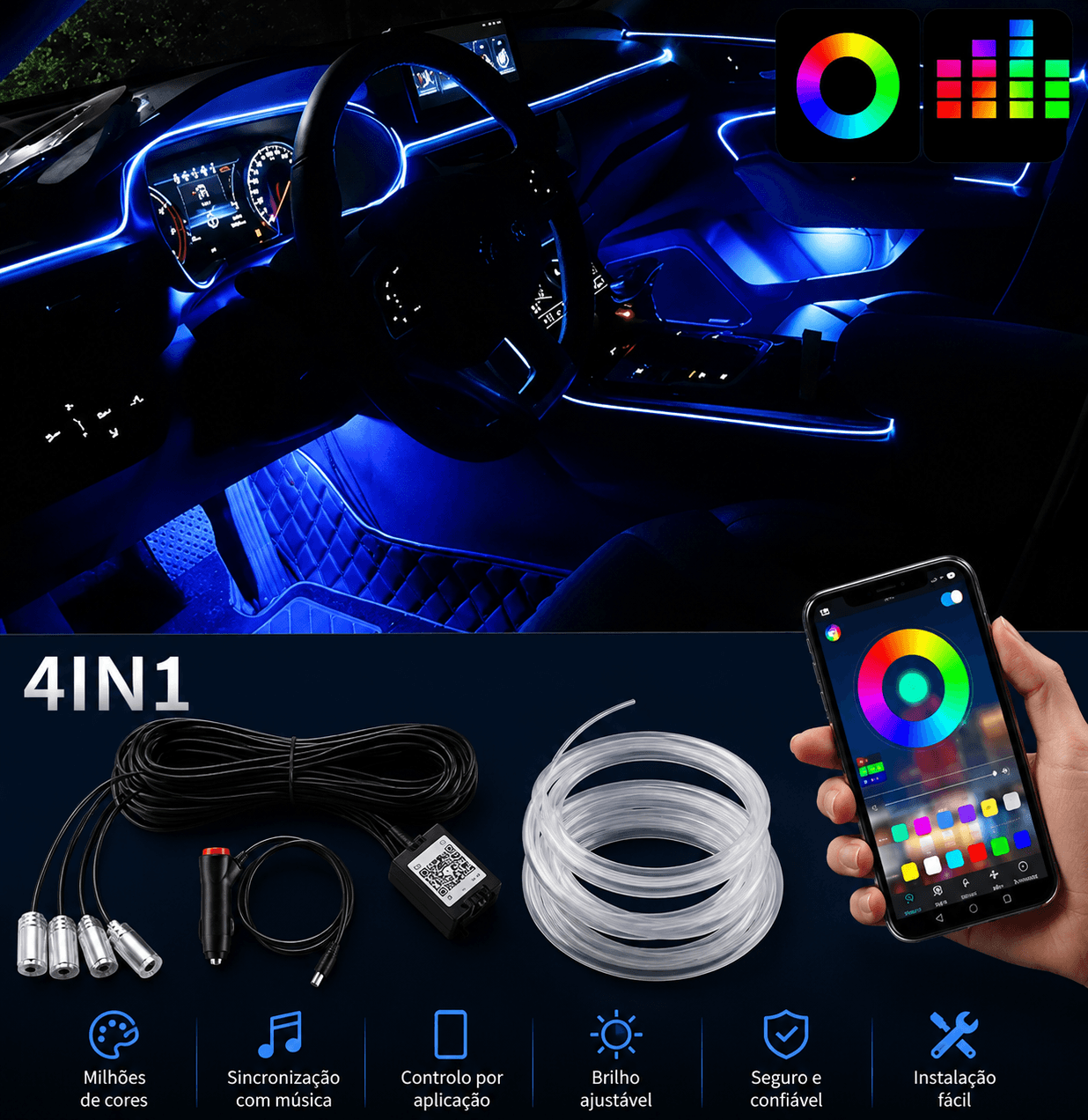 Iluminação Interior Automóvel: Fita LED Neon RGB Controlo App com diversas cores e controle via aplicativo.