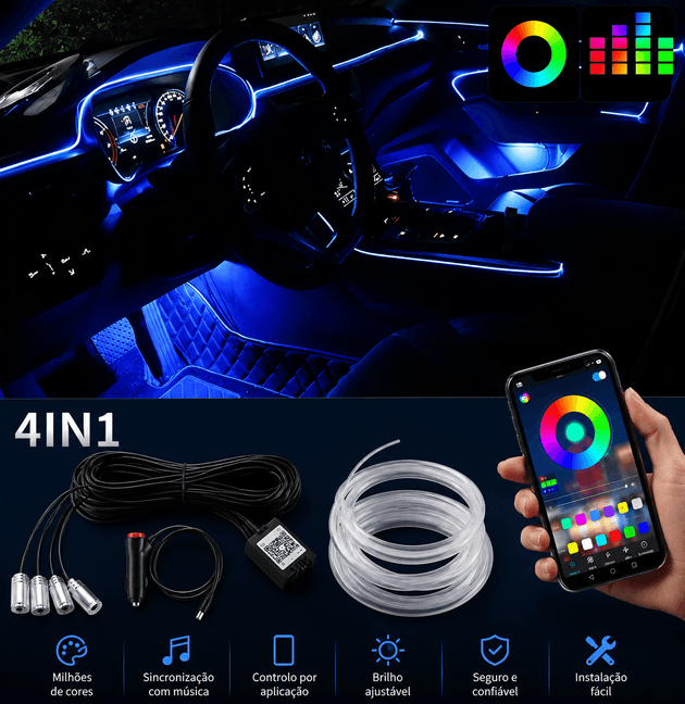 Iluminação Interior Automóvel: Fita LED Neon RGB Controlo App com diversas cores e controle via aplicativo.