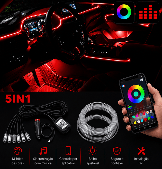 Iluminação Interior Automóvel: Fita LED Neon RGB Controlo App com controlador e fita LED em cabine de carro.