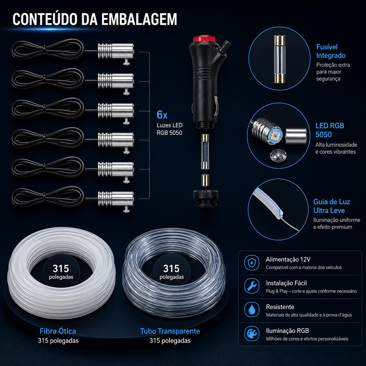 Conteúdo da embalagem da Fita LED Neon RGB Controlo App para Iluminação Interior Automóvel.