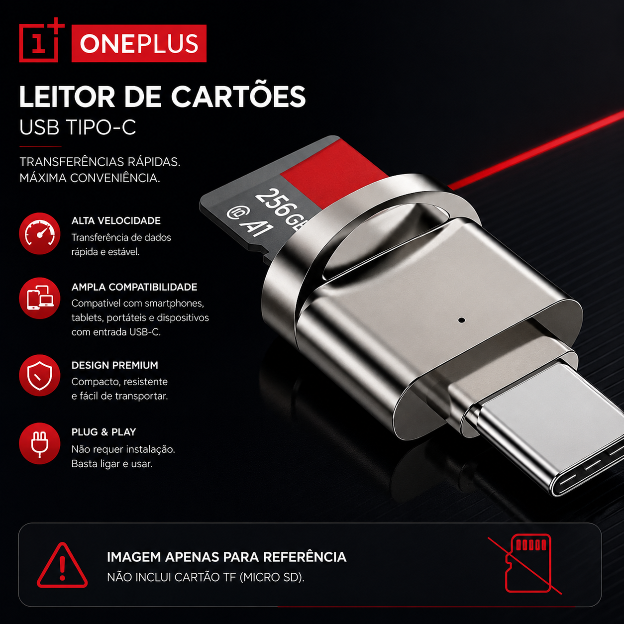 Leitor de cartões USB Tipo-C da OnePlus com alta velocidade e compatibilidade para transferência de arquivos.