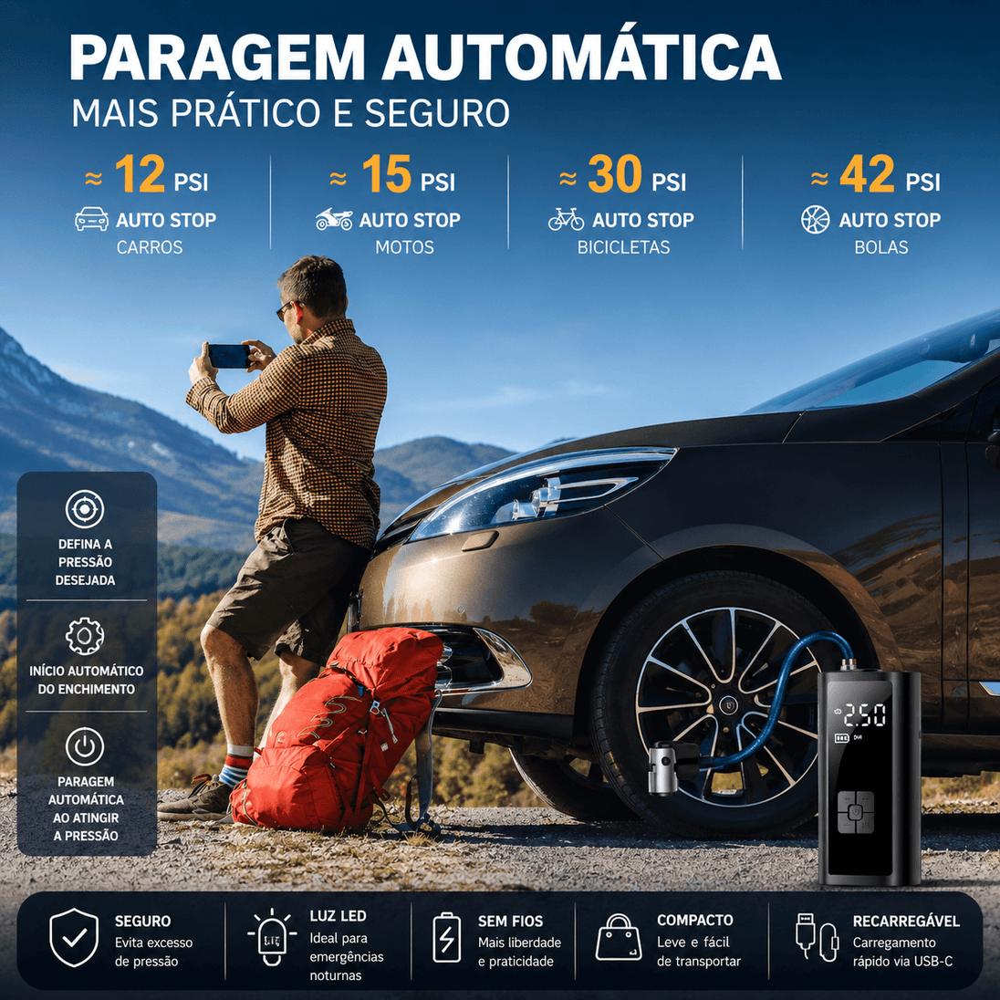 Compressor Portátil Com Bateria: 150 PSI e Praticidade com funcionalidades para carros, motos, bicicletas e bolas.