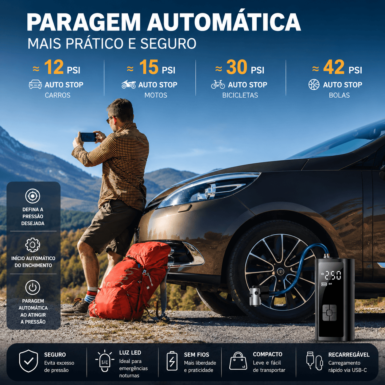 Compressor Portátil Com Bateria: 150 PSI e Praticidade com funcionalidades para carros, motos, bicicletas e bolas.