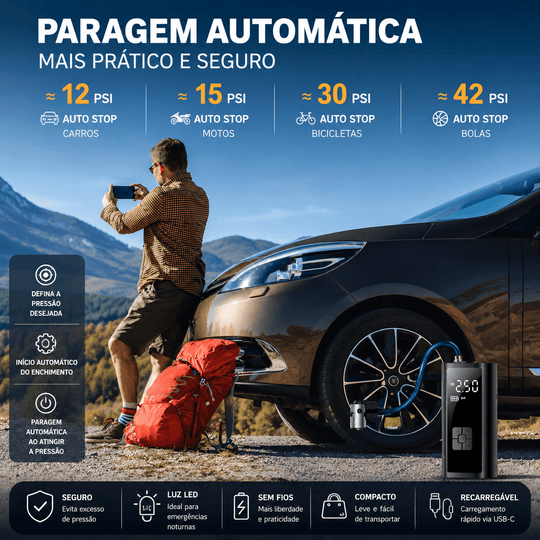 Compressor Portátil Com Bateria: 150 PSI e Praticidade com funcionalidades para carros, motos, bicicletas e bolas.