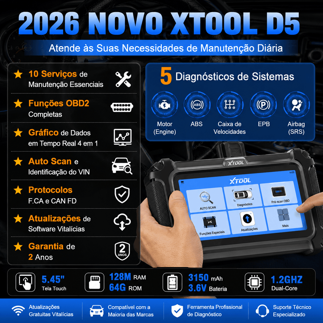 Scanner Automotivo Profissional XTOOL D5 - Diagnóstico Avançado com diversas funcionalidades e gráficos de desempenho.