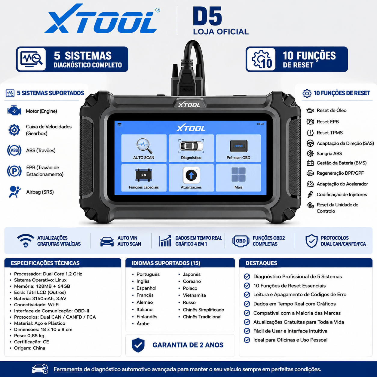 Scanner Automotivo Profissional XTOOL D5 - Diagnóstico Avançado com funcionalidades detalhadas e design robusto.