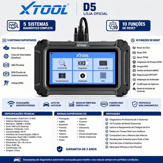 Scanner Automotivo Profissional XTOOL D5 - Diagnóstico Avançado com funcionalidades detalhadas e design robusto.