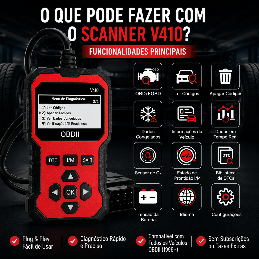 Scanner Automotivo Universal: Diagnóstico Eficiente para Veículos – Scanner V410 com funcionalidades principais e fácil uso.