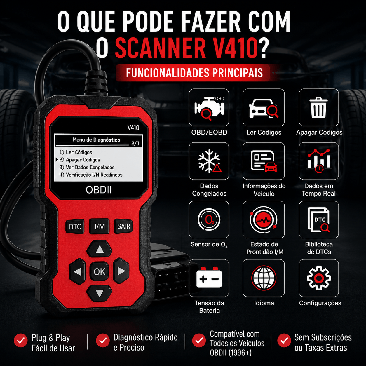 Scanner Automotivo Universal: Diagnóstico Eficiente para Veículos – Scanner V410 com funcionalidades principais e fácil uso.